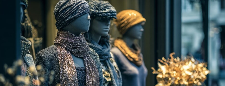Mannequins displaying winter clothing and accessories in a store window  