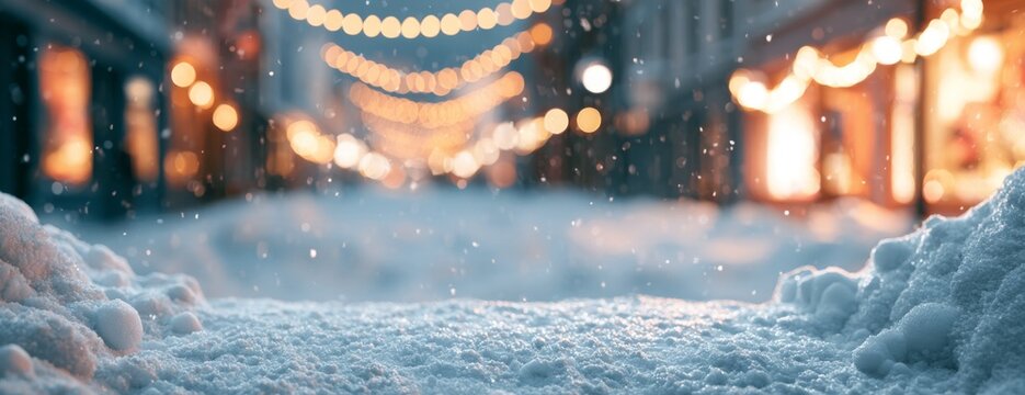 City street covered in snow with glowing lights during winter  