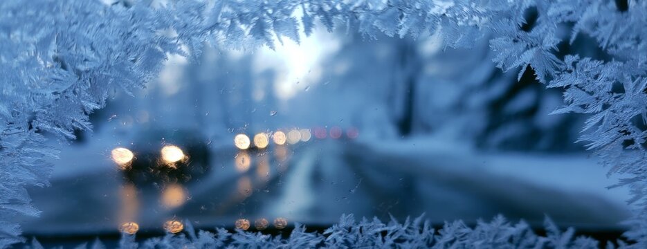 Winter highway view through a frosted car window with blurred traffic  