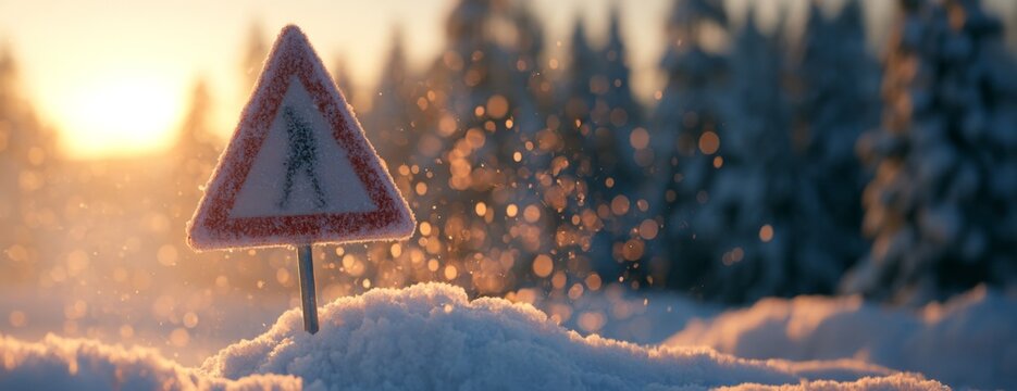Warning sign in a snowy forest at sunset with sparkling snowflakes  