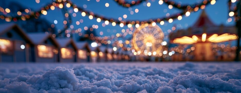 Blurred winter market with ferris wheel, rides and lights