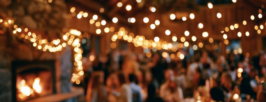 Cozy winter party by the fireplace with string lights and guests, blurred photo  