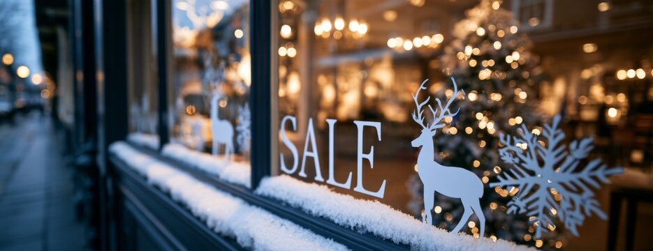Winter sale display with snowflakes and reindeer in a shop window  