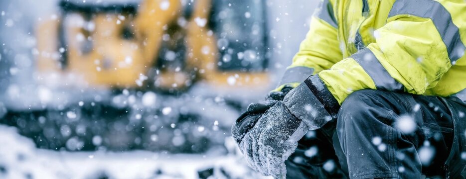 Construction worker in winter gear during snowfall at a site  