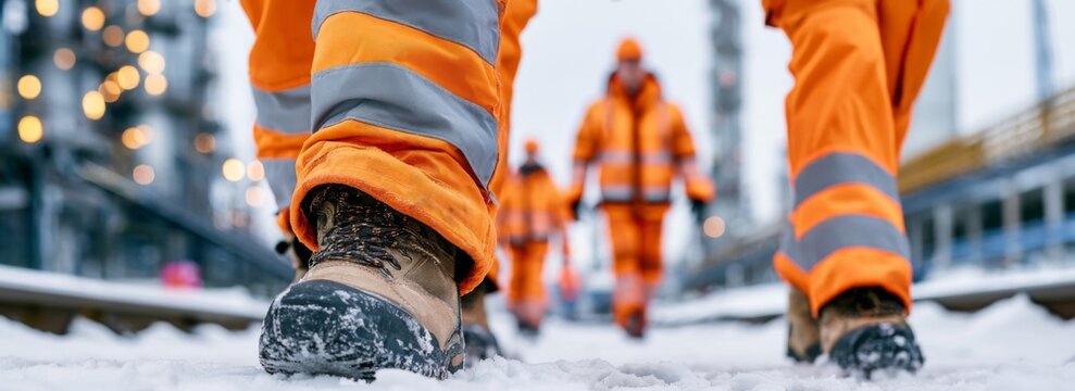 Workers walking in snowy industrial area wearing orange safety gear  
