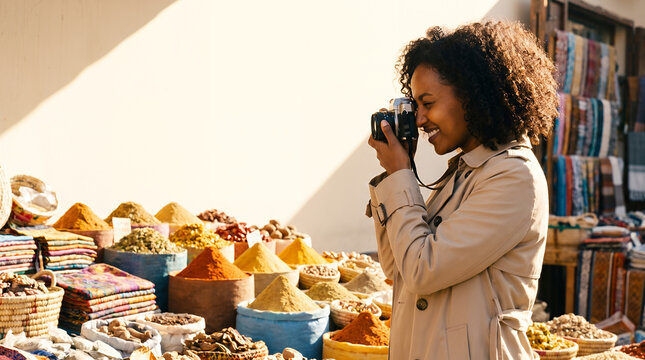 Woman photographer capturing spice market with camera among colorful spices