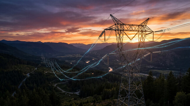 Dramatic high voltage pylon with glowing blue energy lines in mountain landscape at sunset, concept for power grid, energy transition and smart technology