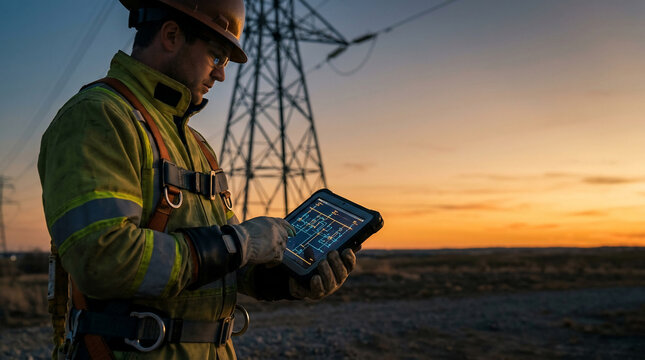 Electrical engineer holding rugged tablet with power grid diagram, sunset background, concept for energy infrastructure, smart grid and utility maintenance