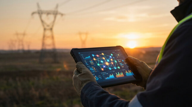 Engineer holding rugged tablet with power grid data analytics and charts outdoors at sunset, concept for smart grid, energy management and utility monitoring