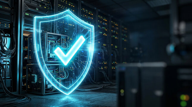 Glowing blue digital shield with checkmark overlaying server racks, concept for cybersecurity, data protection and network security