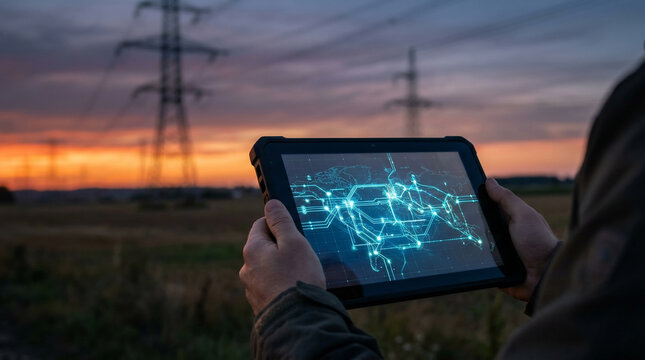 Hands holding rugged tablet with glowing smart grid map, power pylons against dramatic sunset, suitable for energy management, infrastructure control and digital utility solutions