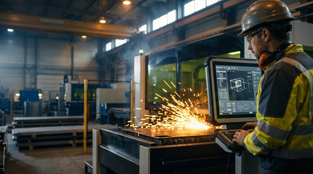 Industrial operator controlling CNC laser cutting machine with bright sparks, ideal for manufacturing websites, engineering blogs and corporate media