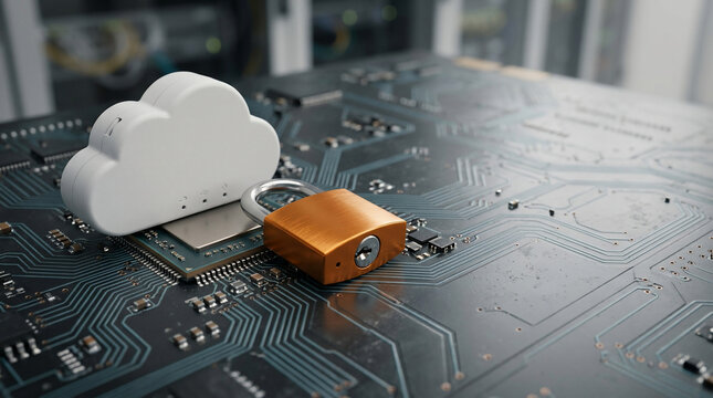 White cloud icon and padlock on motherboard circuit, perfect for cloud security concepts, cybersecurity marketing and data protection