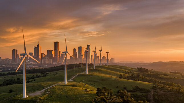 Wind turbines on green hills against a city skyline at golden hour, aerial shot, ideal for renewable energy, sustainable development and climate change