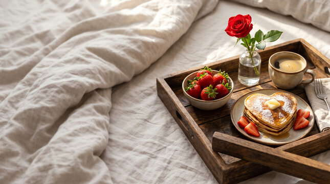 Breakfast in bed tray with heart pancakes, coffee and red rose