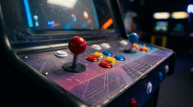 Retro arcade machine with colorful joystick and buttons in dark