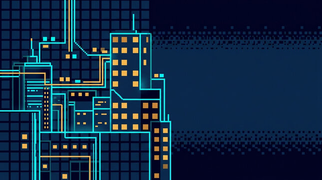 Neon pixel art cityscape with glowing circuits on dark digital