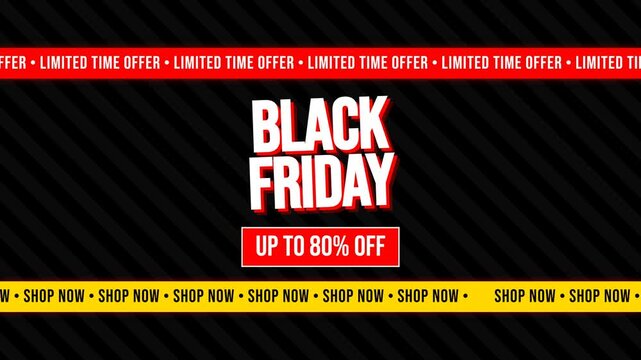 Black Friday banner features bold typography and striking promotional ribbons highlighting steep discounts across retail merchandise items.