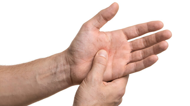 Man pressing thumb on center of open palm showing hand pain wrist injury and joint discomfort requiring therapy care.