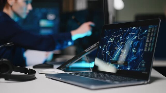Glowing global network map on a laptop screen in a futuristic control room. A female cybersecurity analyst works in the blurred background.