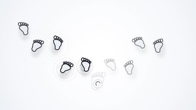Animated human footprint icons walking across screen minimal white background motion.