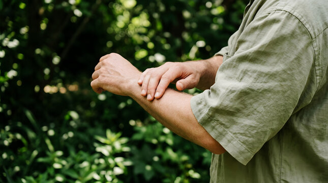 A mother gently holds the foot of her newborn baby surrounded by lush greenery