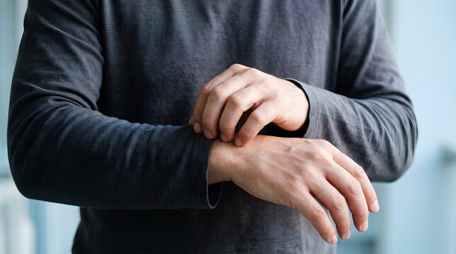 Senior man experiencing wrist pain while holding and supporting his hand indoors