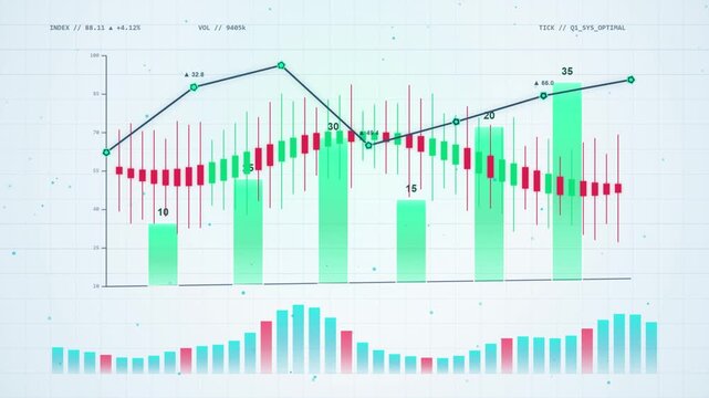 Animated stock market chart with changing financial data bars and line graph motion.