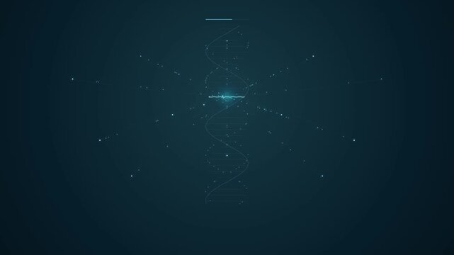 Glowing digital DNA strand rotating against dark blue futuristic background