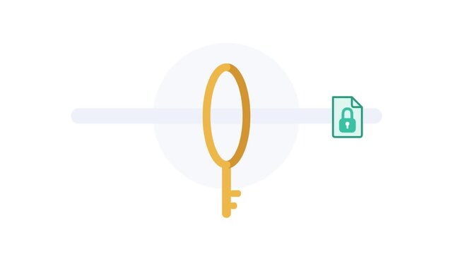 Gold Key Unlocking Digital Data File Symbol Moving Across Center Screen Against White Background Motion Graphic Animation