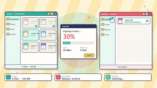 Stylized computer user interface showing file transfer progress steps