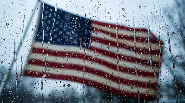 American flag viewed through a rain covered window on an overcast day
