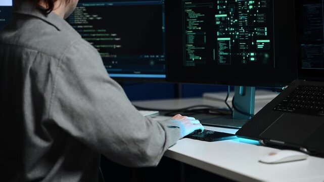Programmer using stylus and laptop to write code at night. Coding workspace with tablet, monitor, and dark theme