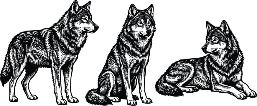 Detailed hand drawn vintage line art engraving vector set featuring three wolves in standing sitting lying poses