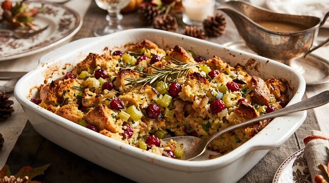 Homemade holiday bread stuffing with cranberries and herbs in a dish