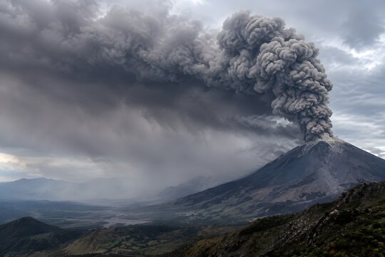 Powerful Volcano Eruption with Dark Ash Cloud Spreading Across the Sky