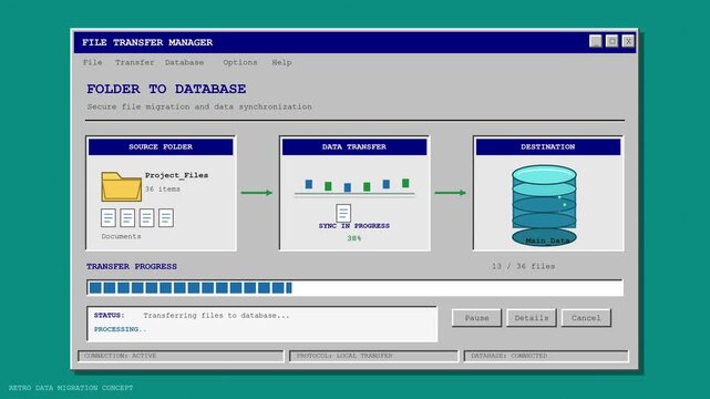 Retro software interface showing file transfer and data migration