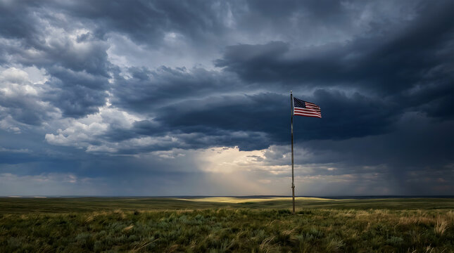 Dramatic stormy sky over a rural landscape with an american flag waving