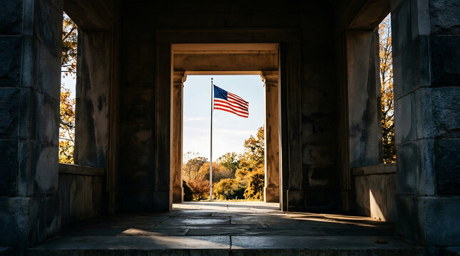 View of the american flag framed by the architecture of a historic building