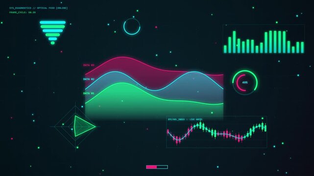 Futuristic neon hud interface displaying animated data charts for technological dashboard.