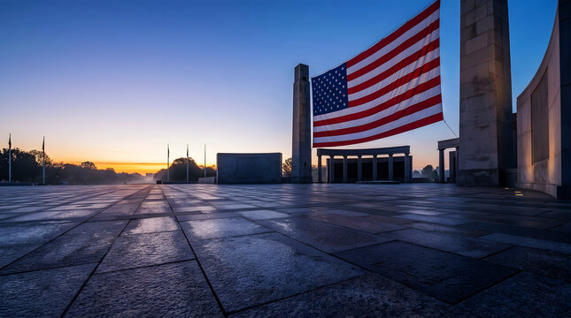 American flag waving proudly in the breeze against a vibrant sunset cityscape