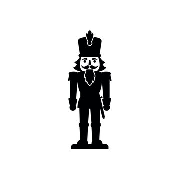 Black nutcracker silhouette icon, flat vector toy soldier figure, solid black doll character on white background, minimalist holiday design element