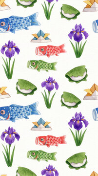 こいのぼり 031 Watercolor Seamless Pattern of Koinobori, Origami Kabuto, Kashiwamochi and Iris Flowers on White Background（白背景に鯉のぼり、折り紙の兜、柏餅、菖蒲が描かれた水彩風シームレスパターン）