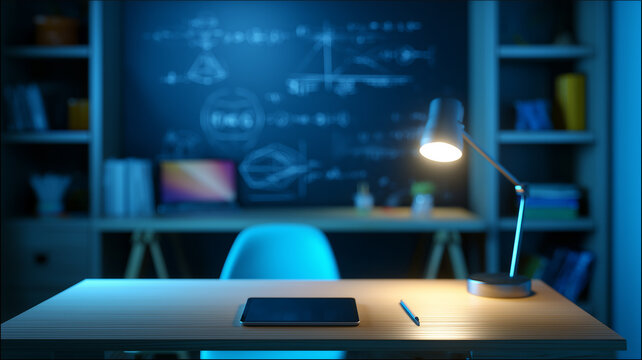 A tablet and desk lamp on an empty study table with mathematical formulas in the background represent modern education and digital learning.