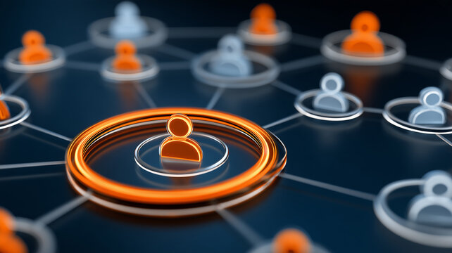 A highlighted person icon among connected user profiles illustrates social networking and identifying influential individuals within a digital community.