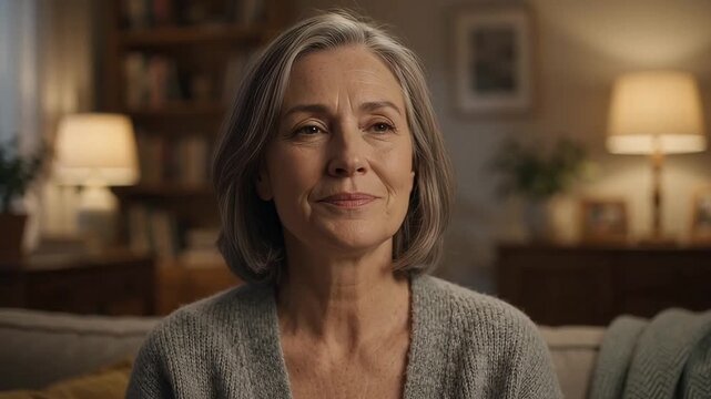 Mature woman closing eyes and exhaling deeply at home
