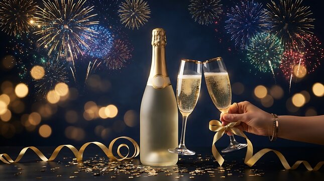 Elegant Champagne Bottle and Glasses Celebration with Firework Display