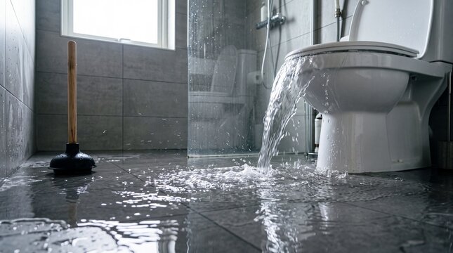 Flooded bathroom with water spilling from a toilet onto tiled flooring, highlighting plumbing failure, water damage, household emergency, and the risk of costly property repairs.