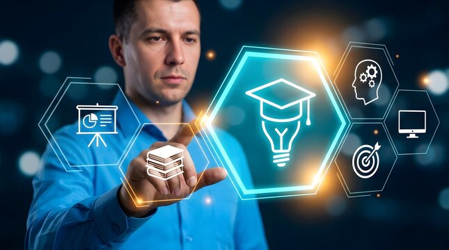 Businessman touching digital education icon on glowing interface for
