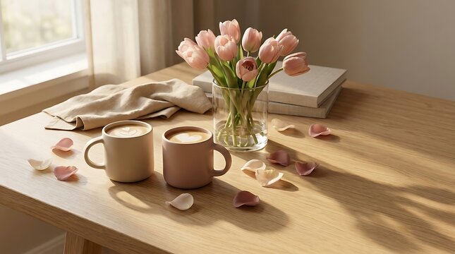 Pastel Pink Tulips in Glass Vase with Coffee Mugs on Wooden Table